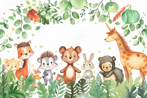 Watercolor cute baby forest animals vector background with white space for text, frame design, leaves and stars.