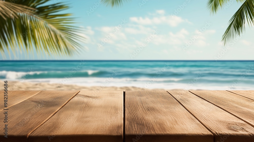 Fototapeta premium Serene Beach View with Wooden Table in Foreground