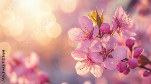 A close-up of a cherry blossom branch heavy with pink flowers, illuminated by soft morning light against a blurred background