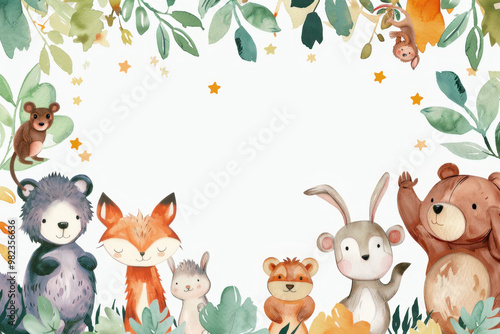 Watercolor cute baby forest animals vector background with white space for text, frame design, leaves and stars.