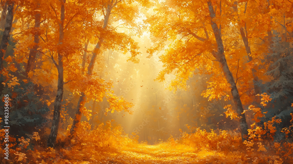 Fototapeta premium Golden canopy lit by sun over a peaceful forest floor