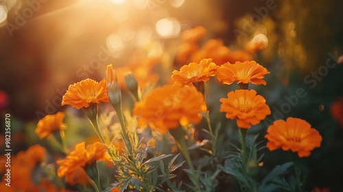 A close-up of bright orange marigolds in a flower garden, their petals glowing in the golden sunlight