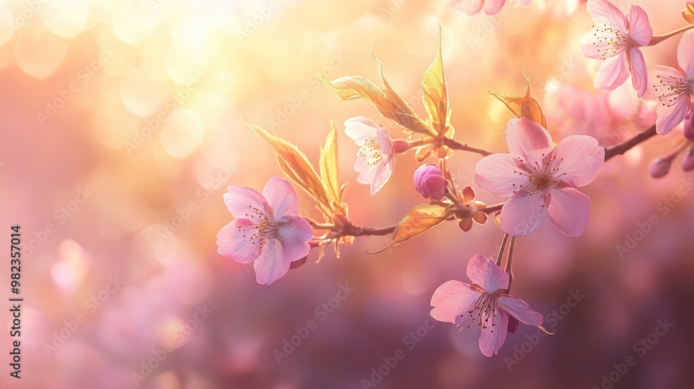 A close-up of cherry blossom branches, with soft pink petals illuminated by the golden glow of morning sunlight A close-up of cherry blossom branches, with soft pink petals illuminated by the golden glow of morning sunlight
