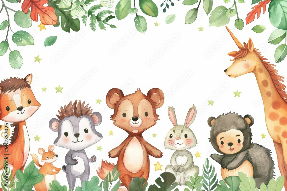 Naklejka premium Watercolor cute baby forest animals vector background with white space for text, frame design, leaves and stars.