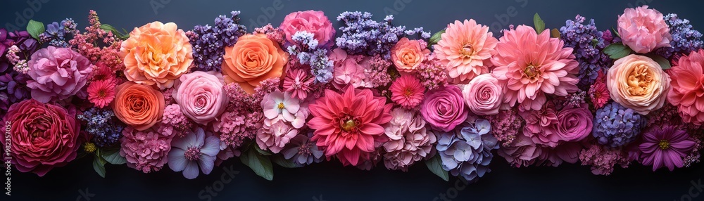 A vibrant assortment of pink, purple, and red flowers, densely packed together A vibrant assortment of pink, purple, and red flowers, densely packed together