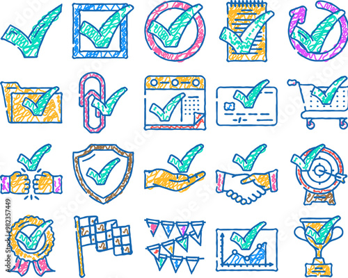 check mark yes correct doodle icons set vector. sketch line art choice checkmark, ok vote, tick button, right confirm, green checklist, approved check mark yes correct color illustrations