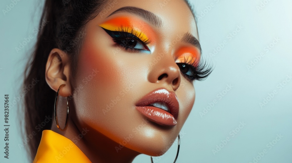 A woman with vibrant, colorful eyeshadow and perfectly winged eyeliner, posing in front of a light background that accentuates her bold makeup choices. A woman with vibrant, colorful eyeshadow and perfectly winged eyeliner, posing in front of a light background that accentuates her bold makeup choices.