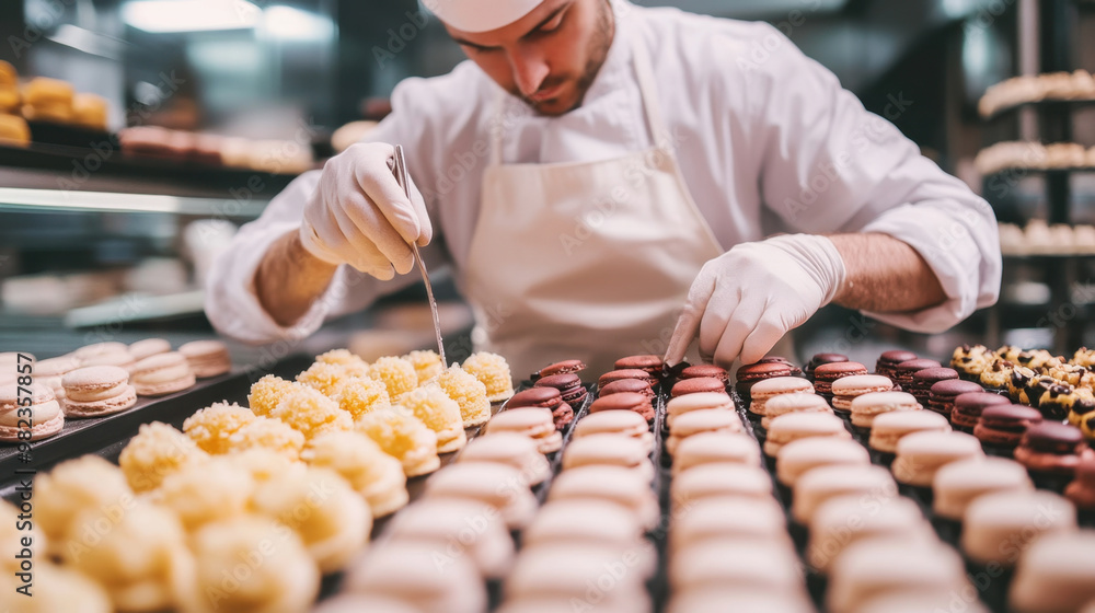Pastry chef decorating macarons in a bakery kitchen. Pastry chef decorating macarons in a bakery kitchen.