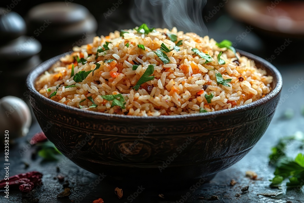 aromatic pilau rice spills from a rustic bowl steam rising to carry enticing spice notes rich colors and textures highlight each grain creating a mouthwatering still life of culinary artistry aromatic pilau rice spills from a rustic bowl steam rising to carry enticing spice notes rich colors and textures highlight each grain creating a mouthwatering still life of culinary artistry
