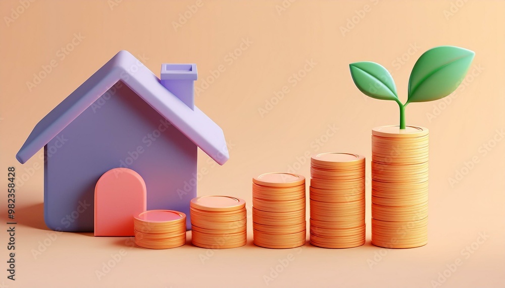 A colorful house model next to stacked coins and a growing plant, representing financial growth and investment in real estate. A colorful house model next to stacked coins and a growing plant, representing financial growth and investment in real estate.