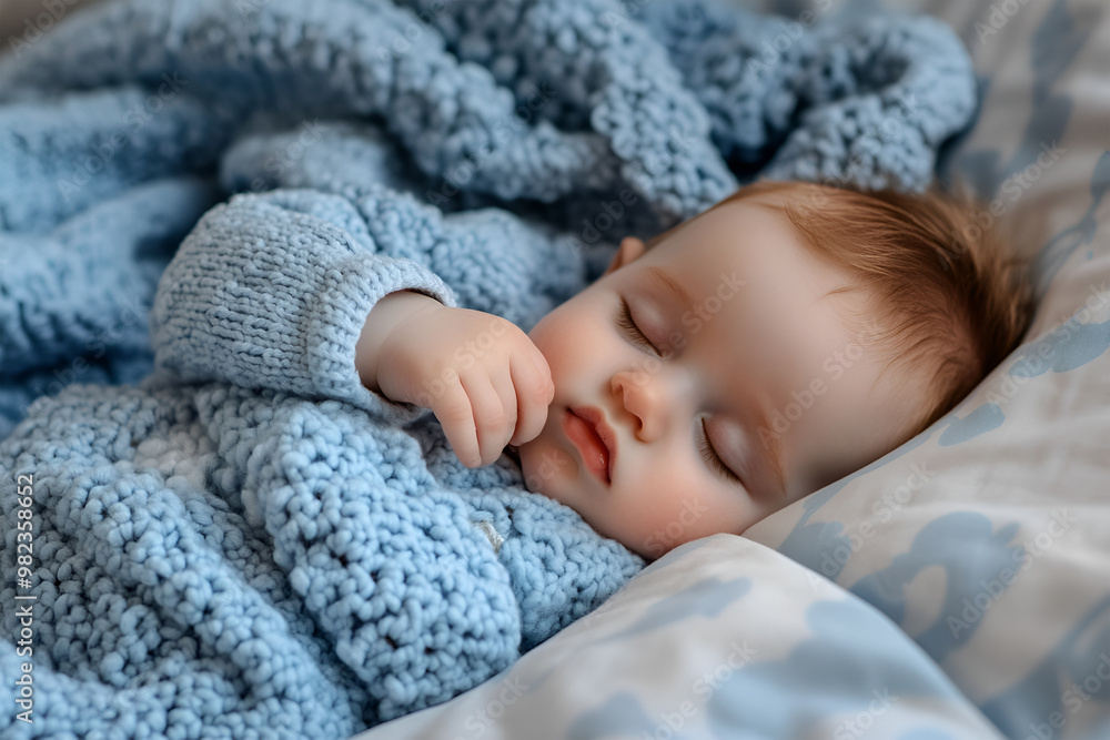 Newborn baby boy in bed. New born child sleeping under a blue knitted blanket. Children sleep. Bedding for kids. Infant napping in bed. Healthy little kid shortly after birth. Cable knit textile. Newborn baby boy in bed. New born child sleeping under a blue knitted blanket. Children sleep. Bedding for kids. Infant napping in bed. Healthy little kid shortly after birth. Cable knit textile.