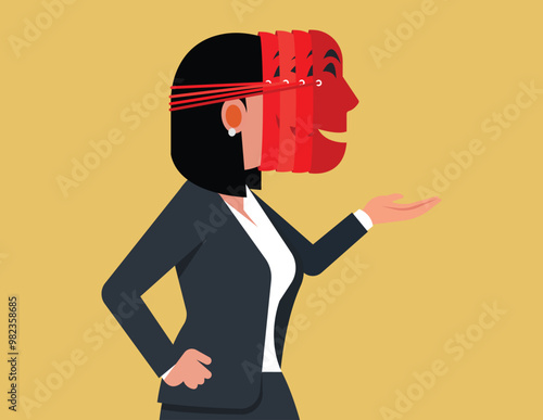 Tricks in cheating or deceiving. Businesswoman wears multiple deceptive masks