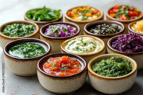 artful arrangement of gourmet dipping sauces in modern ceramic bowls showcasing a spectrum of vibrant colors and textures from velvety aioli to chunky salsa on a pristine white surface photo