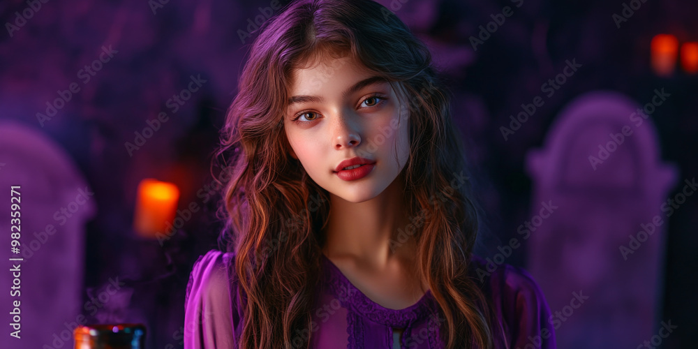 Teenage girl with potion bottle in spooky Halloween graveyard
Teenage girl with potion bottle in spooky Halloween graveyard