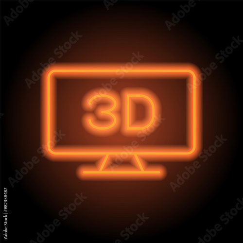 3D, TV simple icon vector. Flat design. Orange neon on black background