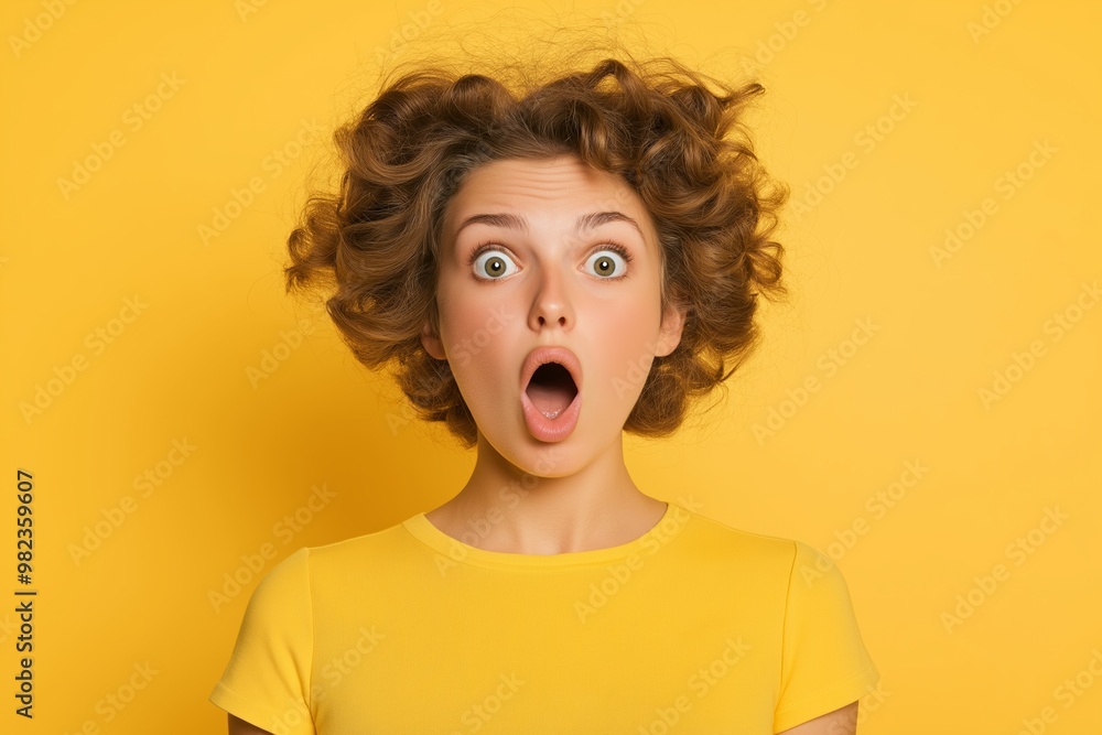 A woman with a surprised expression on her face is wearing a yellow shirt. She has her mouth open, and her eyes are wide. Concept of shock or surprise A woman with a surprised expression on her face is wearing a yellow shirt. She has her mouth open, and her eyes are wide. Concept of shock or surprise