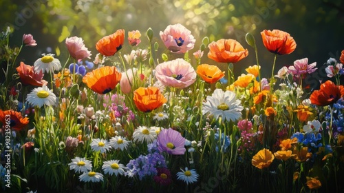 A garden bursting with a variety of flowers, including poppies, daisies, and marigolds, under the golden glow of morning light