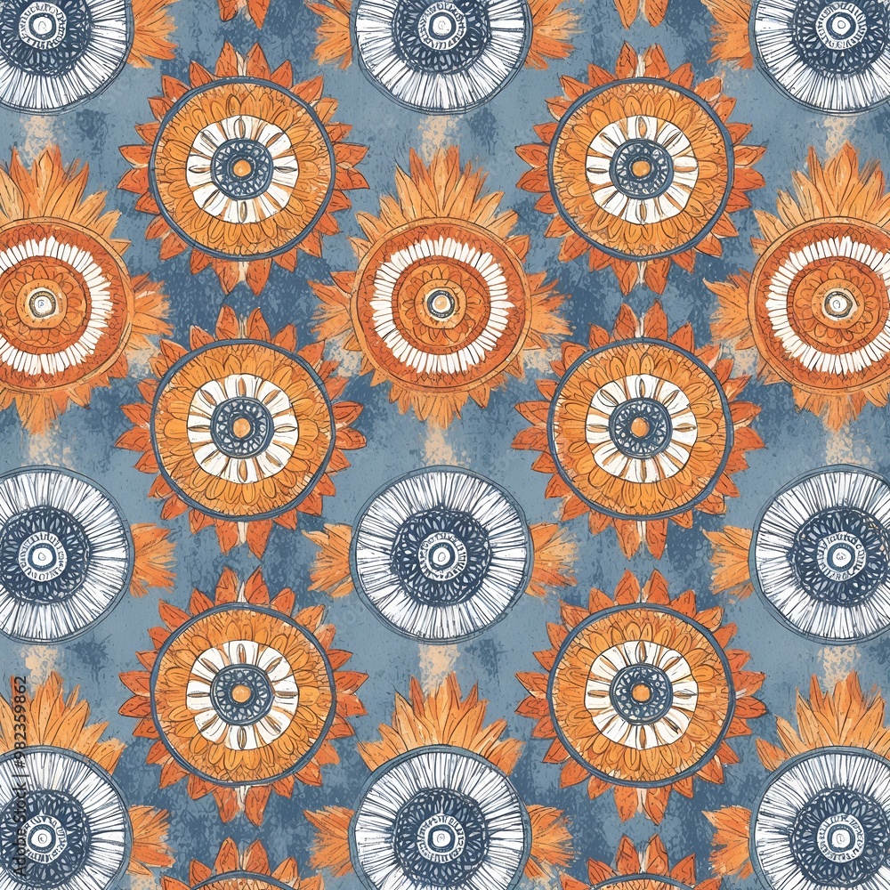 abstract pattern featuring a series of circular mandala-like designs. The layout is a repeating pattern with each circle containing symmetrical, radial designs that resemble traditional mandala art. abstract pattern featuring a series of circular mandala-like designs. The layout is a repeating pattern with each circle containing symmetrical, radial designs that resemble traditional mandala art.
