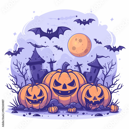 A autumn postcard design for Scary Halloween with Cute characters. Horror story Trick-or-treating. Colorful Vector illustration for flyer and social media post.