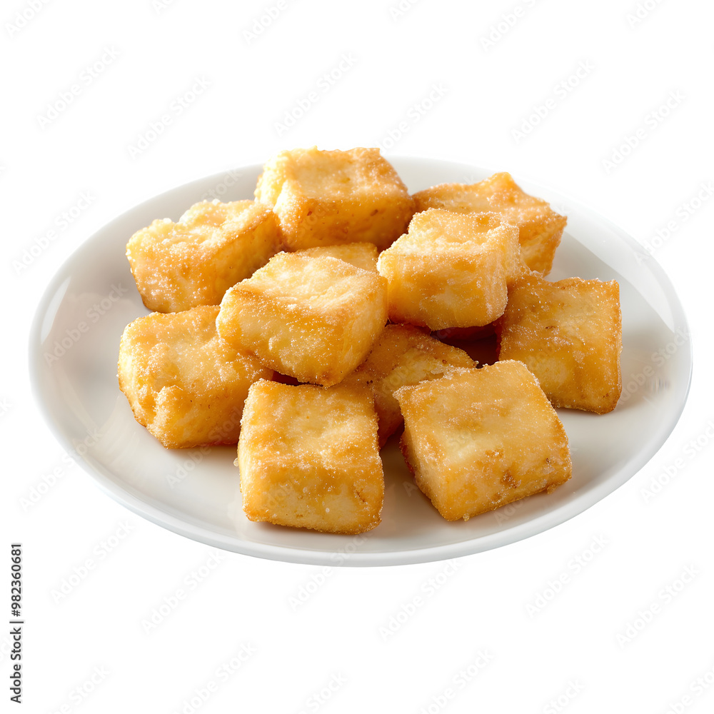 Delicious crispy golden fried tofu cubes served on a white plate, perfect for use in food-related designs and culinary presentations Delicious crispy golden fried tofu cubes served on a white plate, perfect for use in food-related designs and culinary presentations