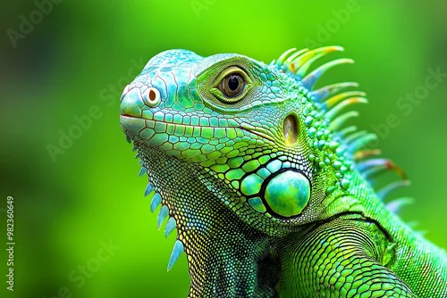 Obraz A green lizard with a green face and green legs. The lizard is looking at the camera