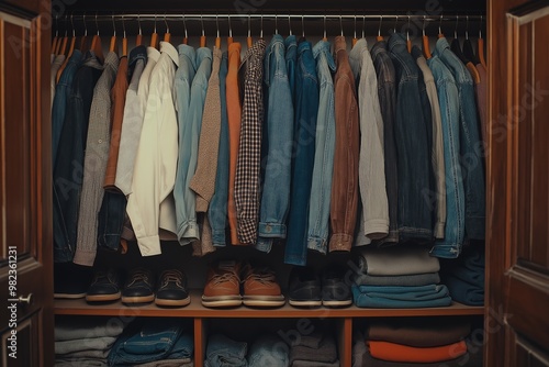 A closet filled with various types of clothing, shoes, and a pair of boots. The boots are located on the bottom shelf, and the clothes and shoes are neatly arranged on the upper shelves