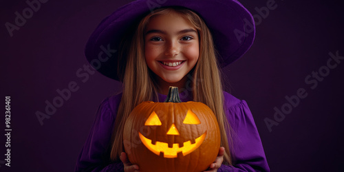 Teenage girl holding glowing pumpkin in spooky Halloween forest 