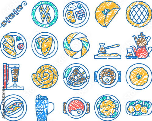 turkish cuisine food dinner doodle icons set vector. sketch line art restaurant meal, traditional delicious, gourmet dish, table, arab, plate, meat lunch turkish cuisine food color illustrations