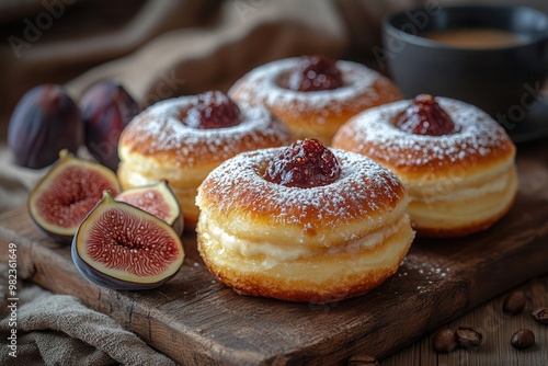 artisanal zeppole donuts dusted with powdered sugar oozing rich custard filling arranged on a rustic wooden board with fresh figs and espresso photo