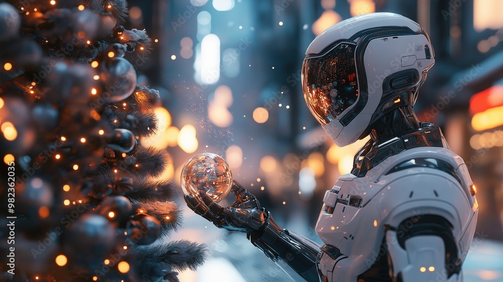Fototapeta premium Cyborg Trimming Christmas Tree in a High-Tech Winter Wonderland