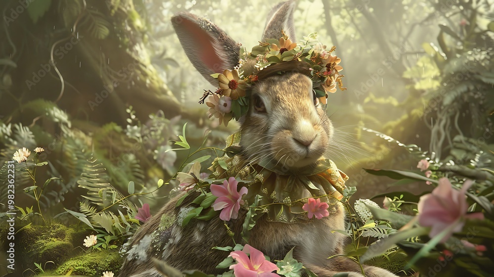 Obraz premium In an enchanted forest a rabbit dressed in festive flowery outfits and a flower adorned cap rests