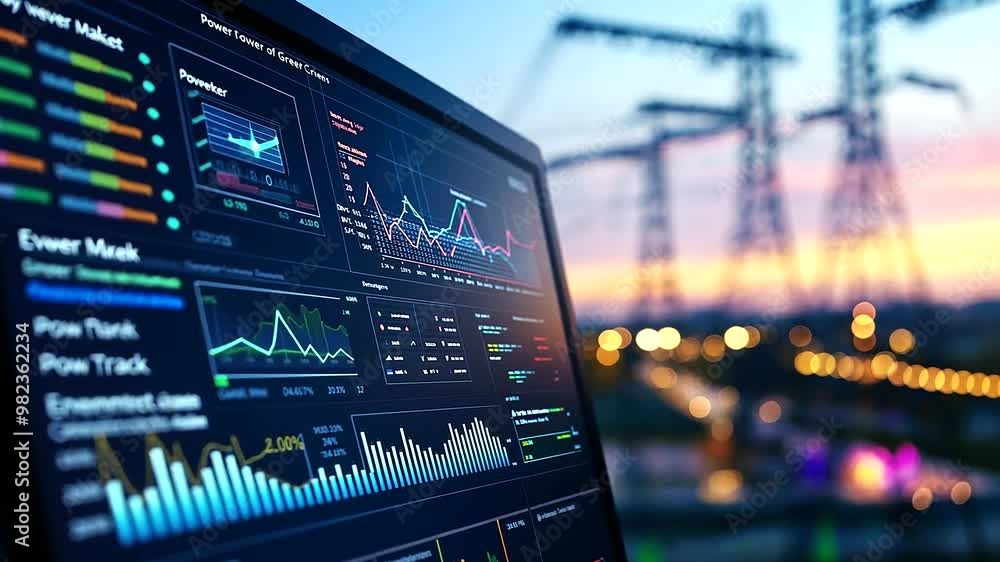 A power grid interface with a sleek design, featuring dynamic graphs of energy market trends A power grid interface with a sleek design, featuring dynamic graphs of energy market trends