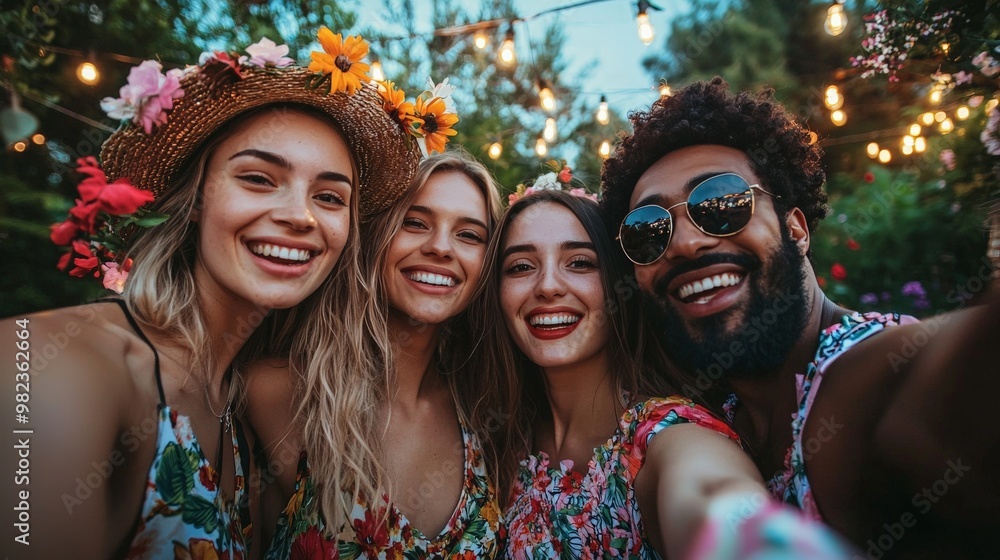Friends at a garden party, taking a selfie among blooming flowers and festive string lights Friends at a garden party, taking a selfie among blooming flowers and festive string lights