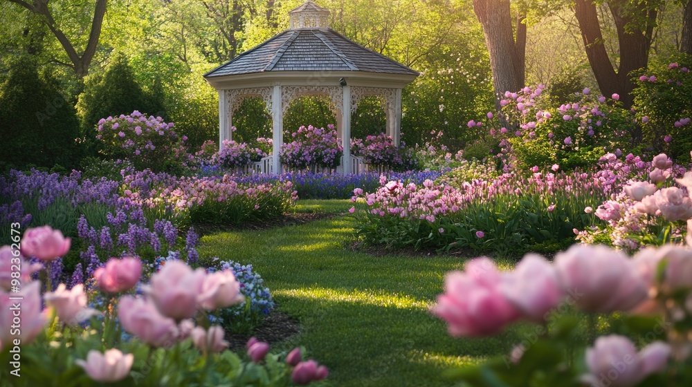 A lush flower garden with peonies, lilacs, and tulips surrounding a charming white gazebo on a sunny afternoon A lush flower garden with peonies, lilacs, and tulips surrounding a charming white gazebo on a sunny afternoon
