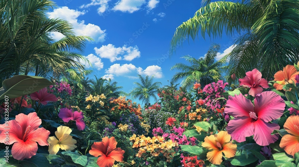 A lush tropical flower garden with colorful hibiscus, orchids, and palms, set against a vibrant blue sky A lush tropical flower garden with colorful hibiscus, orchids, and palms, set against a vibrant blue sky