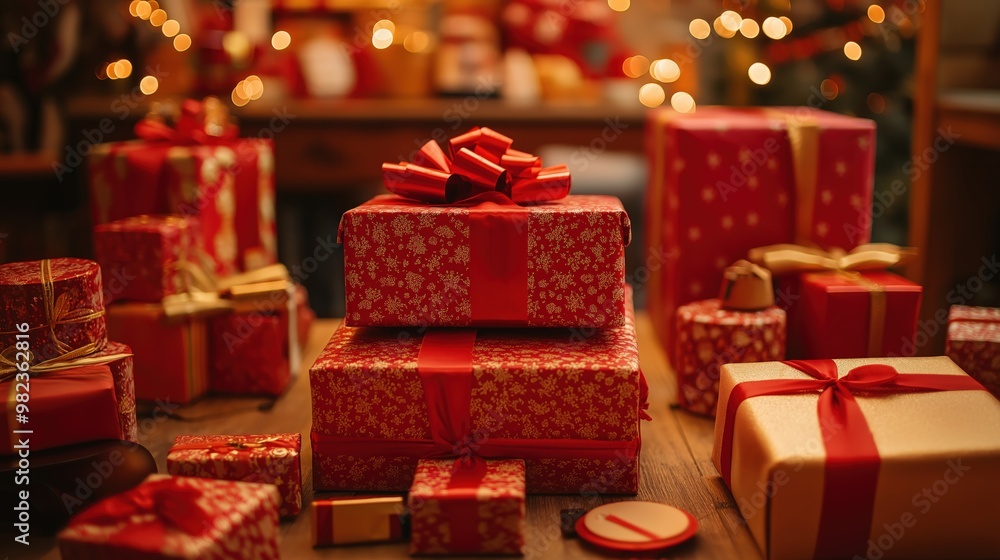 Fototapeta premium Festive Christmas Presents with Golden Bows Arranged on Rustic Table