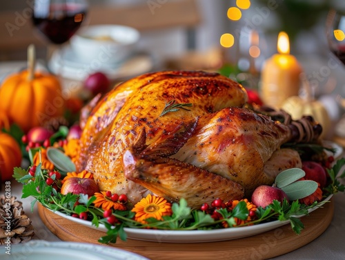 A beautifully roasted turkey garnished with fruits and vegetables on a festive table setting with candles and pumpkins.