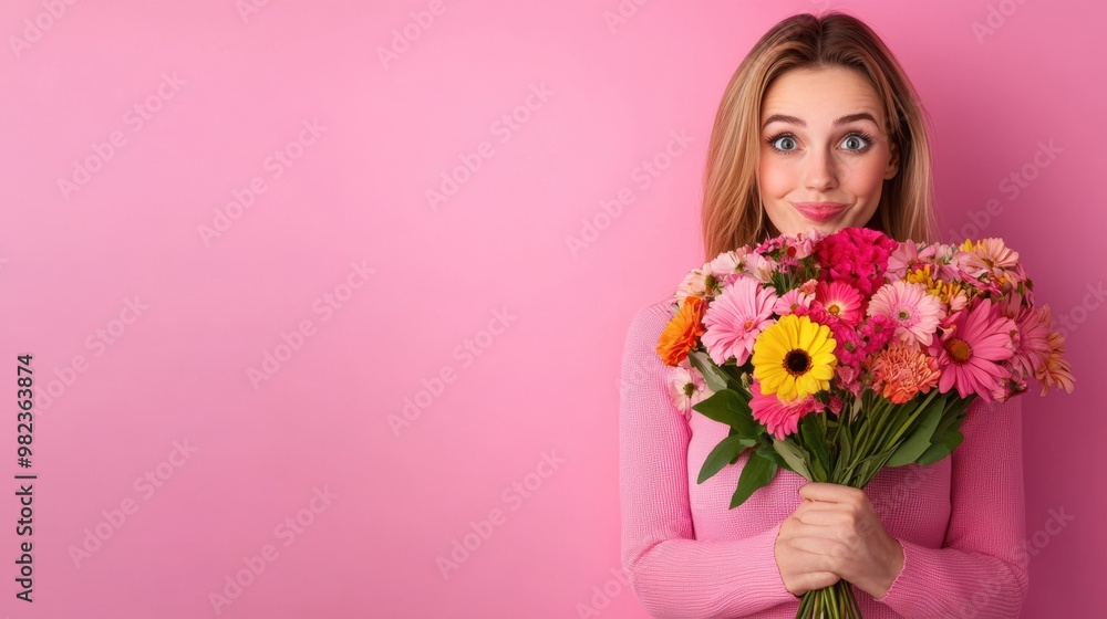 A woman holding a bouquet of flowers against pink background, AI A woman holding a bouquet of flowers against pink background, AI