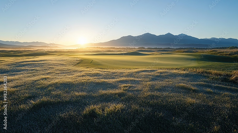 A serene sunrise over a golf course with mountains in the background. A serene sunrise over a golf course with mountains in the background.