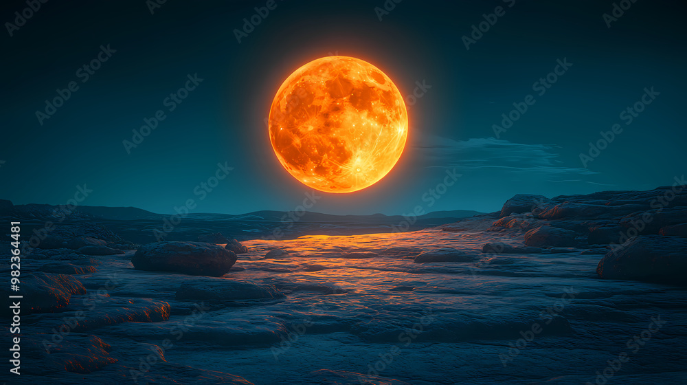 Fototapeta premium Full moon ascends over a rugged terrain