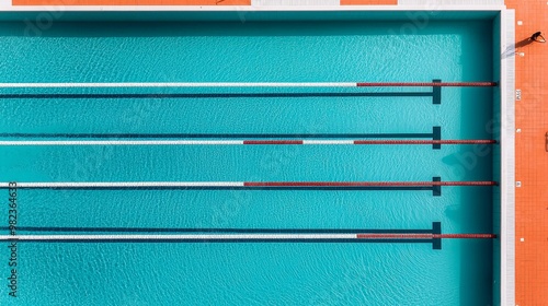 An overhead view of four empty starting blocks at a swimming pool. photo