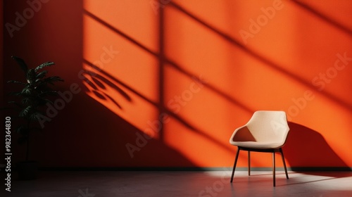 A neutral-colored chair placed against an orange wall, partially illuminated by sunlight, with a shadow of a plant adding a touch of nature to the minimalist decor. photo