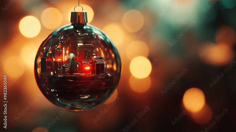Elegant Glass Ornament with Miniature Gifts and Festive Bokeh Elegant Glass Ornament with Miniature Gifts and Festive Bokeh
