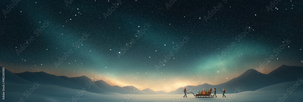 Fototapeta premium Magical Elves Loading Sleigh Under Starry Night Sky