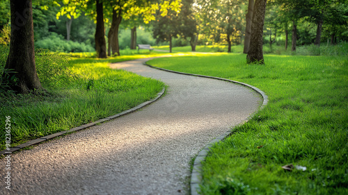 Winding curve pathway track for walking, running and cycling in green park.