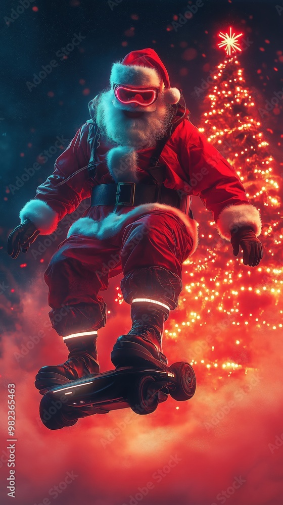 Fototapeta premium Santa’s Hoverboard Journey Through a High-Tech Christmas Wonderland