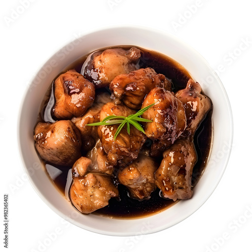 Tasty teriyaki chicken pieces in a white bowl, garnished with a sprig of rosemary, isolated on a transparent background