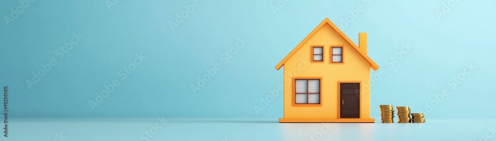 Colorful yellow house model on a blue background, symbolizing home, comfort, and modern design for real estate and architecture. Colorful yellow house model on a blue background, symbolizing home, comfort, and modern design for real estate and architecture.