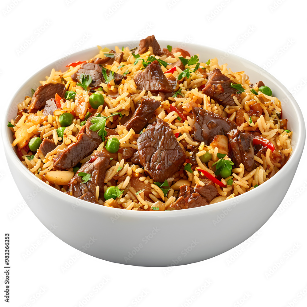 Delicious bowl of beef fried rice mixed with colorful veggies and herbs, set against a clear background for versatile design purposes Delicious bowl of beef fried rice mixed with colorful veggies and herbs, set against a clear background for versatile design purposes