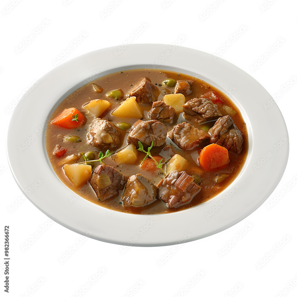 Yummy beef stew with juicy meat, potatoes, carrots, and peas in a flavorful broth presented in a white bowl against a clear background Yummy beef stew with juicy meat, potatoes, carrots, and peas in a flavorful broth presented in a white bowl against a clear background